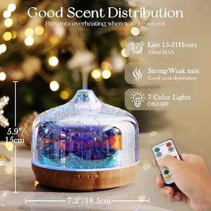 Porseme 500ml Glass Essential Oil Diffuser Aromatherapy Ultrasonic Cool Mist Humidifier 15-21 Running Hours Diffusers with Remote Control for Sleeping Yoga Office Working Spa and Rest