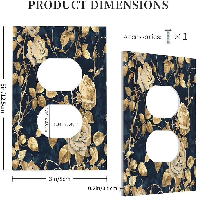 Outlet Covers Boho Vintage Floral Golden Flower Dark Blue Background 1 Gang Duplex Wall Plate Decorative Switch Plates Electrical Receptacle Faceplate Light Switch Cover for Bedroom