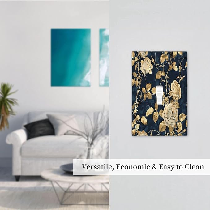 Decorative Light Switch Cover Boho Vintage Floral Golden Flower Dark Blue Background 1 Gang Single Toggle Device Electrical Faceplate Switchplates Decorator Outlet Wall Plate for Bedroom