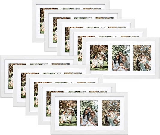 Golden State Art, Set of 10, 9x18 White Wood Frame - White Mat for Three 5x7 Pictures - Sawtooth Hangers- Swivel Tabs - Wall Mounting - Landscape/Portrait - Real Glass - Collage Frame