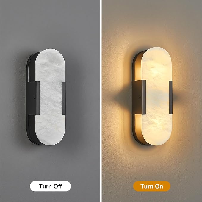 Alabaster Wall Sconce, Modern Natural Marble Wall Sconces for Indoor Lighting, 13.8 in Black Wall Lights for Bathroom Dining Room Stairs Bedroom (1-Pack)