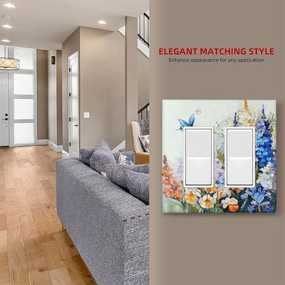 Decorative Outlet Covers Rustic Colorful Floral Garden Flowers 2 Gang Light Switch Cover Plate Double Rocker Wall Plate Switch Plate Covers Faceplate for Country Bedroom Home Decor