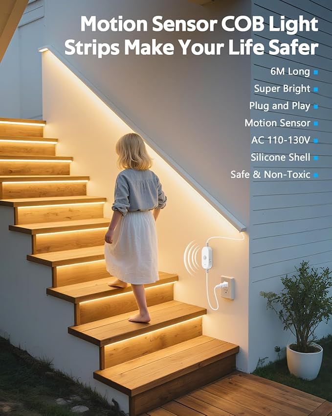 20FT Motion Sensor COB LED Light Strip Warm White 3000K AC 110V 288LEDs/M Waterproof IP68 Adjustable Time-Delay Flexible Motion Activated Led Strip Light Plug In for Stairs Courtyard Under Cabinet