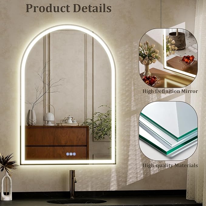 BEAUTYPEAK 40x30 LED Arch Bathroom Mirror with Lights, Anti-Fog, Dimmable, Backlit + Front Lit, Lighted Bathroom Vanity Mirror for Wall, 3 Colors, Memory Function, Tempered Glass, Shatter-Proof
