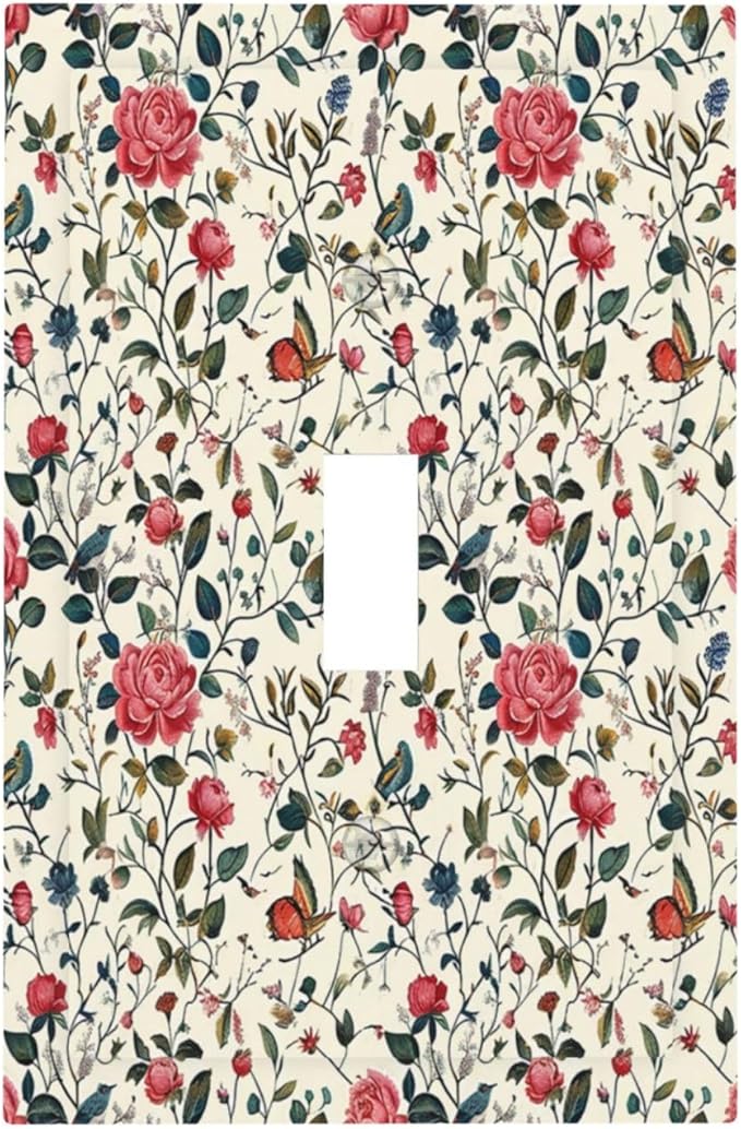 Decorative Light Switch Cover Vintage Flowers Rose Leaf Bird Butterfly 1 Gang Single Toggle Device Electrical Faceplate Switchplates Decorator Outlet Wall Plate for Bedroom living Room Decor