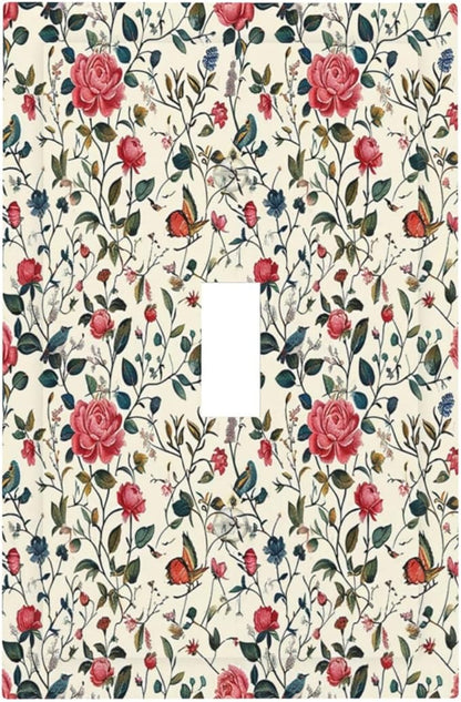 Decorative Light Switch Cover Vintage Flowers Rose Leaf Bird Butterfly 1 Gang Single Toggle Device Electrical Faceplate Switchplates Decorator Outlet Wall Plate for Bedroom living Room Decor
