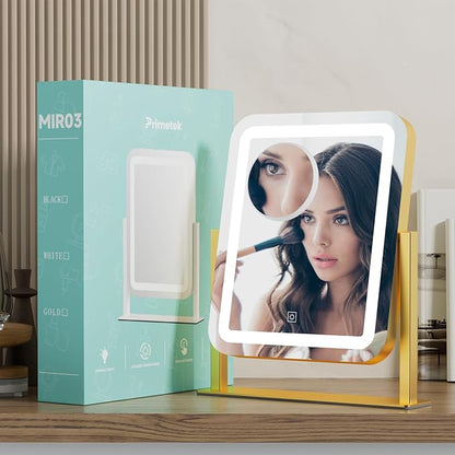 PRIMETEK Vanity Mirror with Lights, 16"x14" Large LED Lighted Makeup Mirror, Hollywood Makeup Mirror, Touch Screen, 3-Color Lighting, 5X Magnification, for Vanity Desk Tabletop, Bedroom, Gold