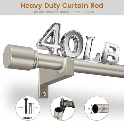 Nickel Aluminium Curtain Rods for Windows,1 Inch Adjustable Curtain Rod 72 to 144 Inch,Heavy Duty Drapery Rods with Thicken Bracket,Modern Single Rod with Aluminium Finials
