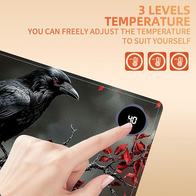 Heated Mouse Pad 23.6 x 14 in 3-Temp Fast Heating Desk Mat with Auto Timer Warmer for Hands Wrist Pain Relief Waterproof Keyboard Mat for Office, Gaming, Home, Raven Red Berries