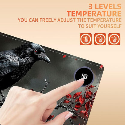 Heated Mouse Pad 23.6 x 14 in 3-Temp Fast Heating Desk Mat with Auto Timer Warmer for Hands Wrist Pain Relief Waterproof Keyboard Mat for Office, Gaming, Home, Raven Red Berries