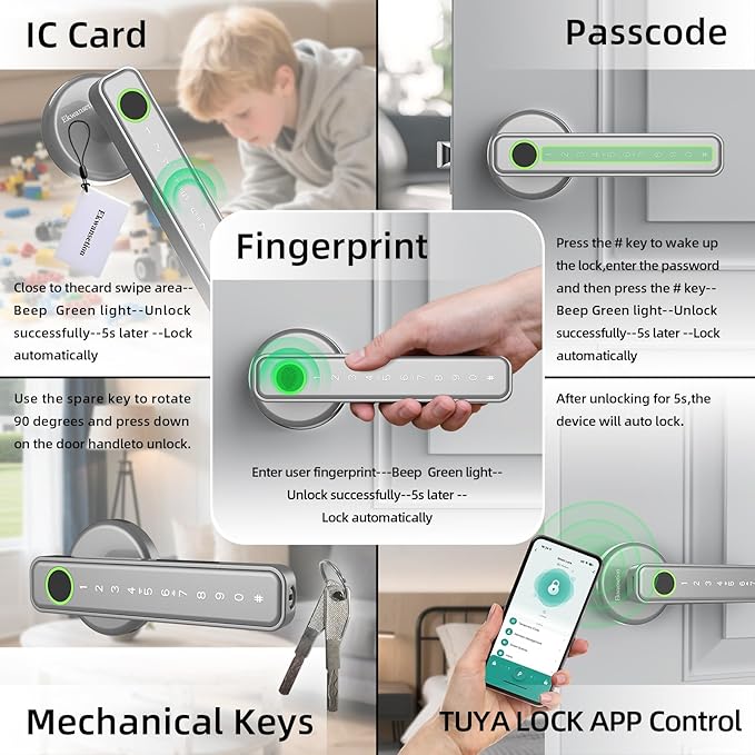 Fingerprint Door Lock Smart Door Lock with Keypad Keyless Entry Door Lock with Handle for Home Hotel Office Apartment Bedroom with Alexa (Silver app Unlock) Ekwansetion