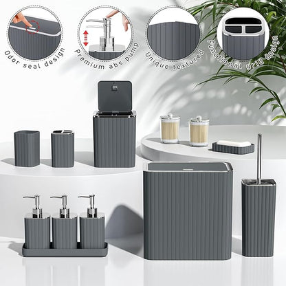 Bathroom Accessory Set - Bathroom Set, 27PC Bathroom Accessories Set, Grey Bathroom Sets with Shower Curtain and Rugs, Mini Trash Can, Toilet Brush, Trash Can & Soap Dispenser