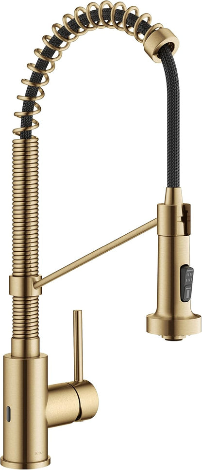 KRAUS Bolden Touchless Sensor Commercial Style 2-Function Single Handle Pull Down Kitchen Faucet in Spot-Free Brushed Brass, KSF-1610BB