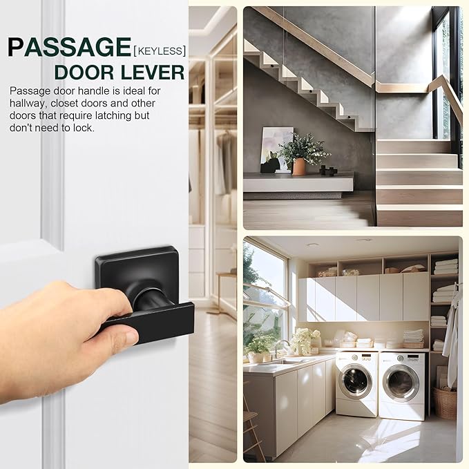 GOBEKOR 3 Pack Passage Door Levers with Lock - Square Black Door Handles for Hall Closet