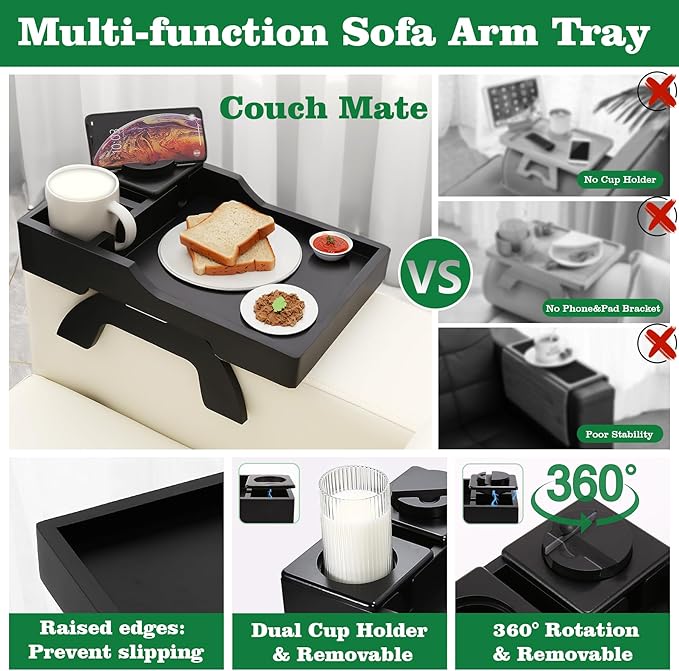 Couch Cup Holder Tray, 15.4"x9.9" Large 4 in 1 Couch Arm Tray with 360°Rotated Phone Holder, Non-Slip Clip on Side Table for Drinks/Remote/Snacks, Ideal Gift for Husband, Wife, Parents