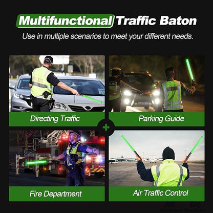 RoadHero 2 Pack 21 Inch Traffic Wands, Green Led Traffic Control Baton, Night Safety Light Wand with 2 Flashing Modes, Air Marshaling Signal Wand with Side Clip for Airport, Parking, Car Directing
