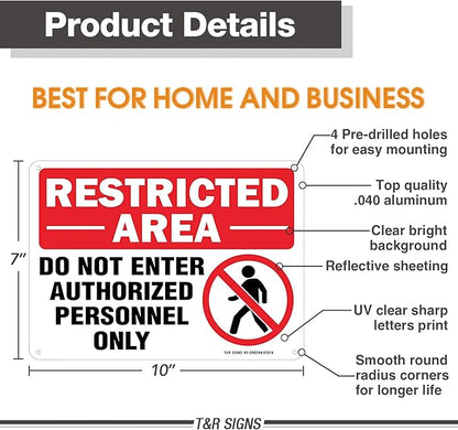Restricted Area Do Not Enter Authorized Personnel Only Sign - 4 Pack - 10 x 7 Inches Rust Free .040 Aluminum - UV Protected, Waterproof, Weatherproof and Fade Resistant - 4 Pre-drilled Holes