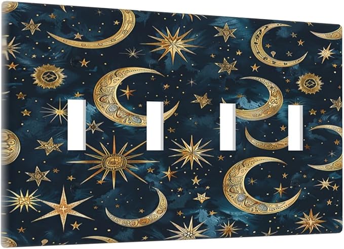 Light Switch Covers Modern Abstract Sky Blue Gold Moon Sun Star Quad Toggle Electrical Faceplate 4 Gang Wall Plate Decorative Switch Plates for Bedroom Kids room Decor