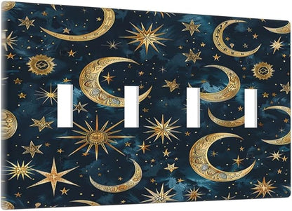 Light Switch Covers Modern Abstract Sky Blue Gold Moon Sun Star Quad Toggle Electrical Faceplate 4 Gang Wall Plate Decorative Switch Plates for Bedroom Kids room Decor