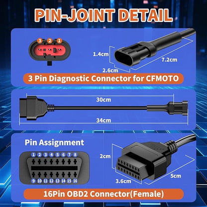 OBD2 Adapter Cable Fits for CFMOTO Ducati and More Motorcycles, 3Pin to 16Pin OBD2 Diagnostic Adapter Cable Works with All OBDII Scanner