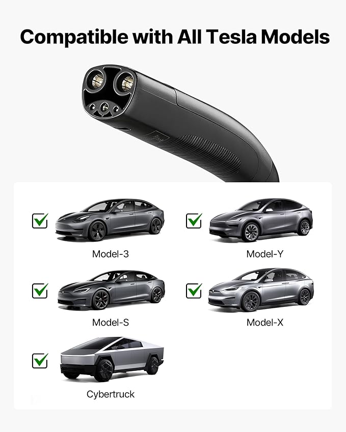 VEVOR Level 1/2 Tesla Charger, 16 Amp, Portable Electric Car EV Charger with 25 ft Charging Cable, 120V-240V, NEMA 6-20P Plug NEMA 5-15 Adapter, LED Indicator, NACS Connector for Tesla Model Y/X/3/S