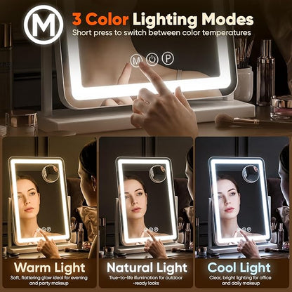 Antok Vanity Mirror with Lights, 13"X18" Lighted Makeup Mirror, Smart Touch, 3 Color Modes and Brightness Adjustable, LED Vanity Mirror with Detachable 10X Magnification, 360° Rotation for Makeup Desk