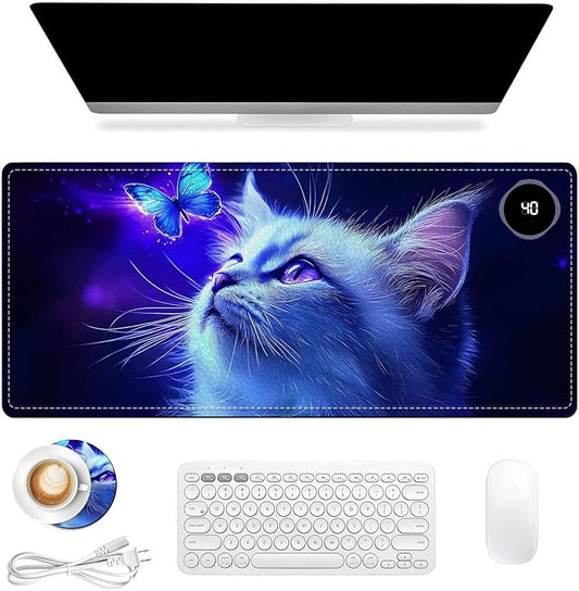 Heated Mouse Pad, Warm Desk Pad, Keyboard Mat 31.5 x 13 Inch Large Size Intelligent Fast Heating, 3 Speed Adjustable, Timed Auto Power Off for Game Office Home,Blue Cat Butterfly