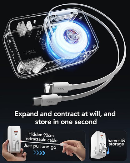 4-in-1 Retractable Gan Wall Charger Plug for iPhone 17 USB C,Travel Essentials Brick Multiport,3ft Lightening+ Type C Cables,40W Fast Charging Foldable Block for iPhone 17 Pro/16/15/14/13,iPad,Galaxy