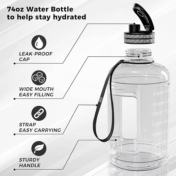 Large Water Bottle with Motivational Time Marker, Water Jug with Handle, Clear Sport Bottle for Gym Camping Workout Outdoors (0.5 Gallon Clear)