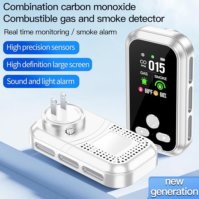 2Pack 5IN1 Plug in Smoke & Carbon Monoxide Detector & Combustible Natural Gas Combination Builti-in Backup Battery HD Screen [Smoke Gas CO Temp Humidity Sensor] for Home Hotel Travel (White)