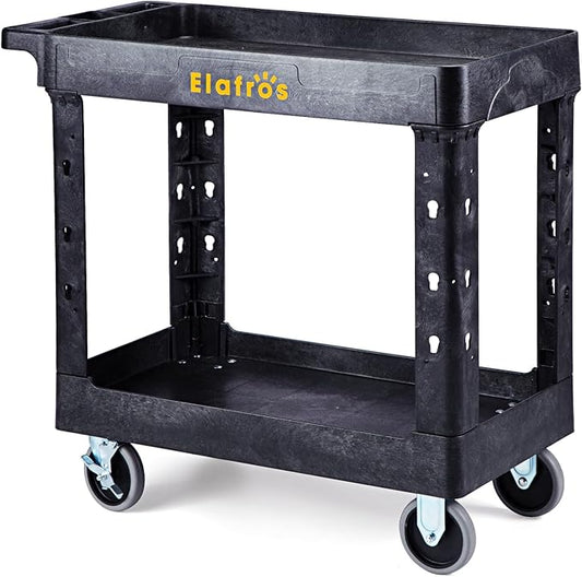 ELAFROS Heavy Duty Plastic Utility Cart 34 x 17 Inch - Work Cart Tub Storage W/Deep Shelves and 2 Fixed 2 Swivel Wheels Safely Holds up to 550 lbs - 2 Tier Service Cart for Warehouse,Garage, Black