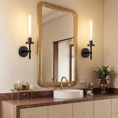 19.5" Knurled Brass Wall Sconce with Clear Glass Tube, Black Gold Bathroom Vanity Light Fixtures, Modern Lamp Lighting for Bedroom, Living Room, Hallway, Staircase, Mirror, Kitchen