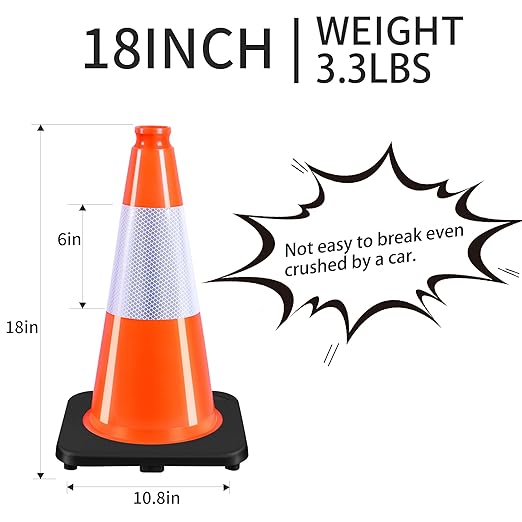 (8 Pack) 18 Inch Heavy Duty Traffic Cones with Reflective Collars, PVC Orange Safety Cones & Black Weighted Base for Parking Lots, Construction, Road Control