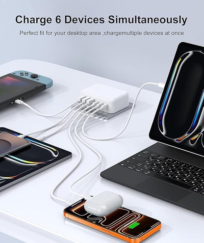 Fast Charger Block, GaN 6 Port USB C Charging Station Hub Cube, 100W Multiport Type C Wall Charger Power Strip Plug with PD 3.0+QC for iPhone13 14 15 16 17 Pro Max XR XS 8 7, Samsung, iPad, Table