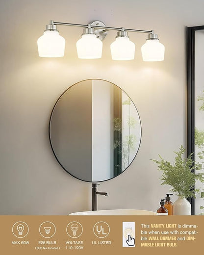Emak Brushed Nickel Bathroom Light Fixtures Over Mirror, Modern 29 Inch Milk Glass Vanity Light, 4-Light Wall Sconces for Bathroom, Mirror, VL122-BN-ML-4