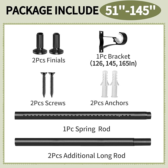 Tension Curtain Rod 51-145In(4.25-12.08Ft), Extra Long Curtain Rod No Drilling for Window or Bathroom Patio, Adjustable Spring Shower Curtain Rod, Easy to Install Never Rust Rod Diameter 1.26In-Black