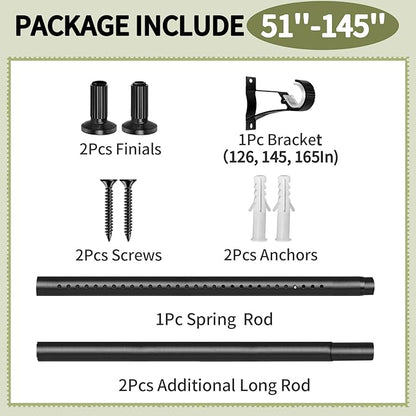 Tension Curtain Rod 51-145In(4.25-12.08Ft), Extra Long Curtain Rod No Drilling for Window or Bathroom Patio, Adjustable Spring Shower Curtain Rod, Easy to Install Never Rust Rod Diameter 1.26In-Black