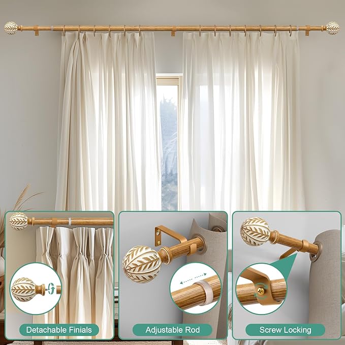 Boho Wood Curtain Rods for Windows 72 to 144 inch,1" Adjustable Heavy Duty Window Curtain Rod with Imitation Wood Grain Finials,Rustic Decorative Drapery Rods Set,Size:36-150'',Maple Wood