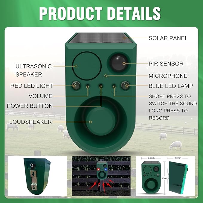 ChunHee Solar Outdoor Motion Sensor Alarm with Dog Barking Alarm Sound, Support Recording and Adjustable Volume, 129db Loud Noise Maker 4 Work Modes Strobe Light for Home, Villa, Farm, Barn (4pack)