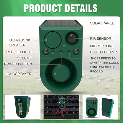 ChunHee Solar Outdoor Motion Sensor Alarm with Dog Barking Alarm Sound, Support Recording and Adjustable Volume, 129db Loud Noise Maker 4 Work Modes Strobe Light for Home, Villa, Farm, Barn (4pack)