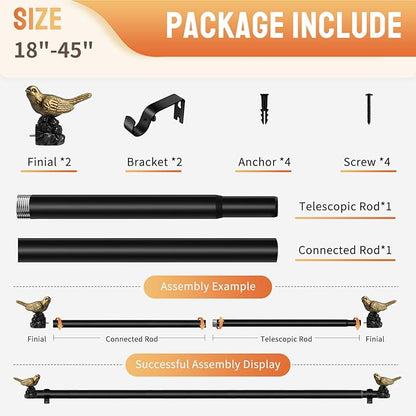 Decorative Black Curtain Rod 18 to 45 Inches Adjustable Drapery Rod with Bird Finials Heavy Duty Curtain Rods for Windows Living Room Kitchen