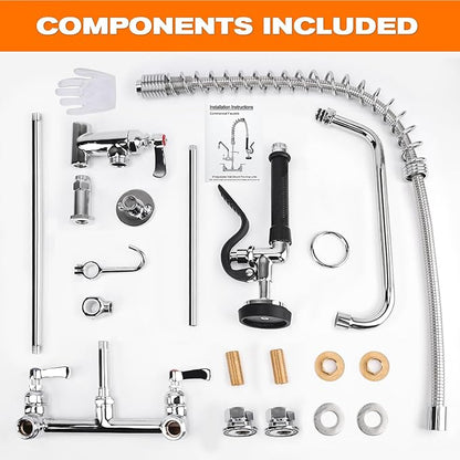 36" Height Commercial Faucet with Sprayer, 8" Adjustable Center & 12" Add-on Swing Spout, Wall Mount Pre Rinse Commercial Sink Faucet for Restaurant Industrial Kitchen