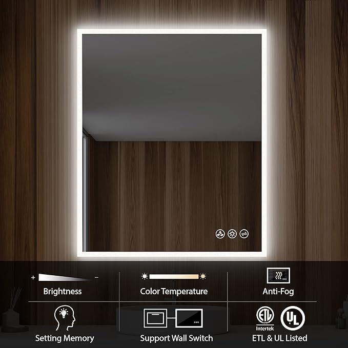 Blossom 30"X36" LED Bathroom Mirror with Lights, Front Lit and Backlight, Stepless Dimmable, Anti-Fog, Shatter-Proof Tempered Glass, Memory, 3 Colors Lighting Bathroom Mirrors for Vanity Makeup Mirror