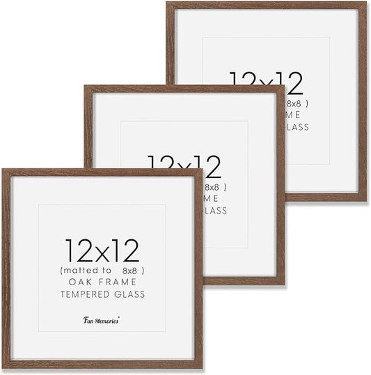 Fun Memories 12x12 Picture Frame Set of 3, Rustic Walnut Oak Wood Frame 12 x 12 with Tempered Glass, Wall Collage Frame 12 by 12