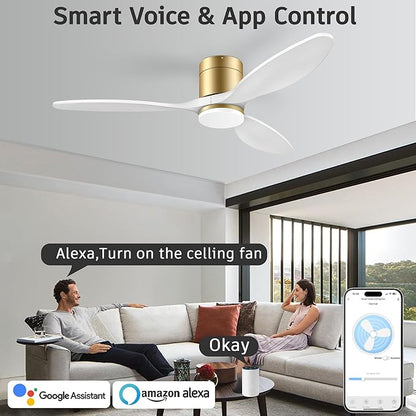 cumilo 52" Smart Ceiling Fans with Remote,Quiet DC Motor,Dimmable,Low Profile Outdoor Indoor Ceiling Fan,Compatible with Alexa Google Voice App,for Modern Flush Mount Bedroom Patio,Gold and White