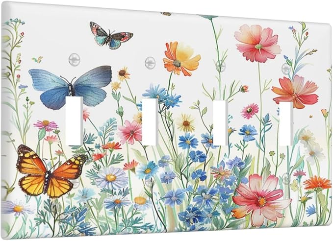 Decorative Light Switch Cover Plate Rustic Wildflower Blue Pink Floral Butterfly 4 Gang Wall Plates for Electrical Outlets Quad Toggle Switch Plate Covers Outlet Covers for Bedroom Decor