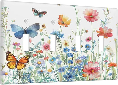 Decorative Light Switch Cover Plate Rustic Wildflower Blue Pink Floral Butterfly 4 Gang Wall Plates for Electrical Outlets Quad Toggle Switch Plate Covers Outlet Covers for Bedroom Decor