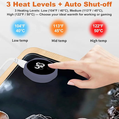 Small Heated Desk Pad 23.6" x 14.2" – Compact Electric Mouse Pad with 3 Heating Levels, Auto Shut-Off, Waterproof PU Surface, Plug-in Warmer for Office or Home Use, Mouse with Lantern