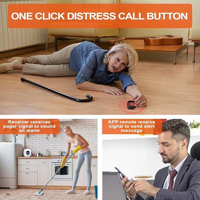 Wireless Caregiver Pager with Smart Call System & Call Buttons for Elderly Monitoring, Life Alert System for Seniors, 2 SOS Panic Button 1 Receiver