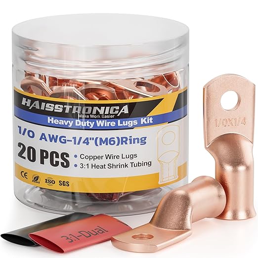 haisstronica 10pcs 1/0 AWG - 1/4"(M6) Battery Cable Lugs, Heavy Duty Copper Wire Lugs with 10pcs 3:1 Adhesive Heat Shrink Tubing, 0 Gauge Wire Connectors Battery Terminal Connector, Battery Cable Ends